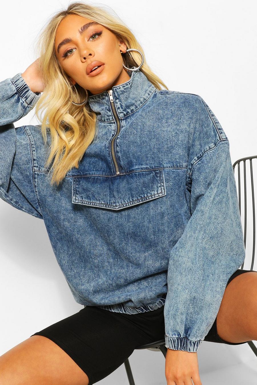 Zip Front Denim Pullover Jacket | boohoo USA Zip Front Denim Pullover Jacket | boohoo USA